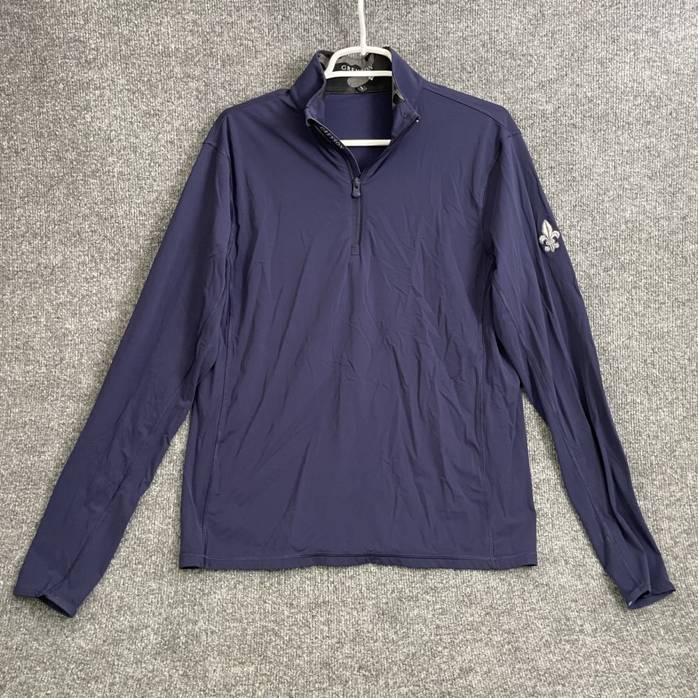 Greyson Halley II Pullover Womens Sz S 1/4 Zip Blue Fleur De Lis On Sleeve